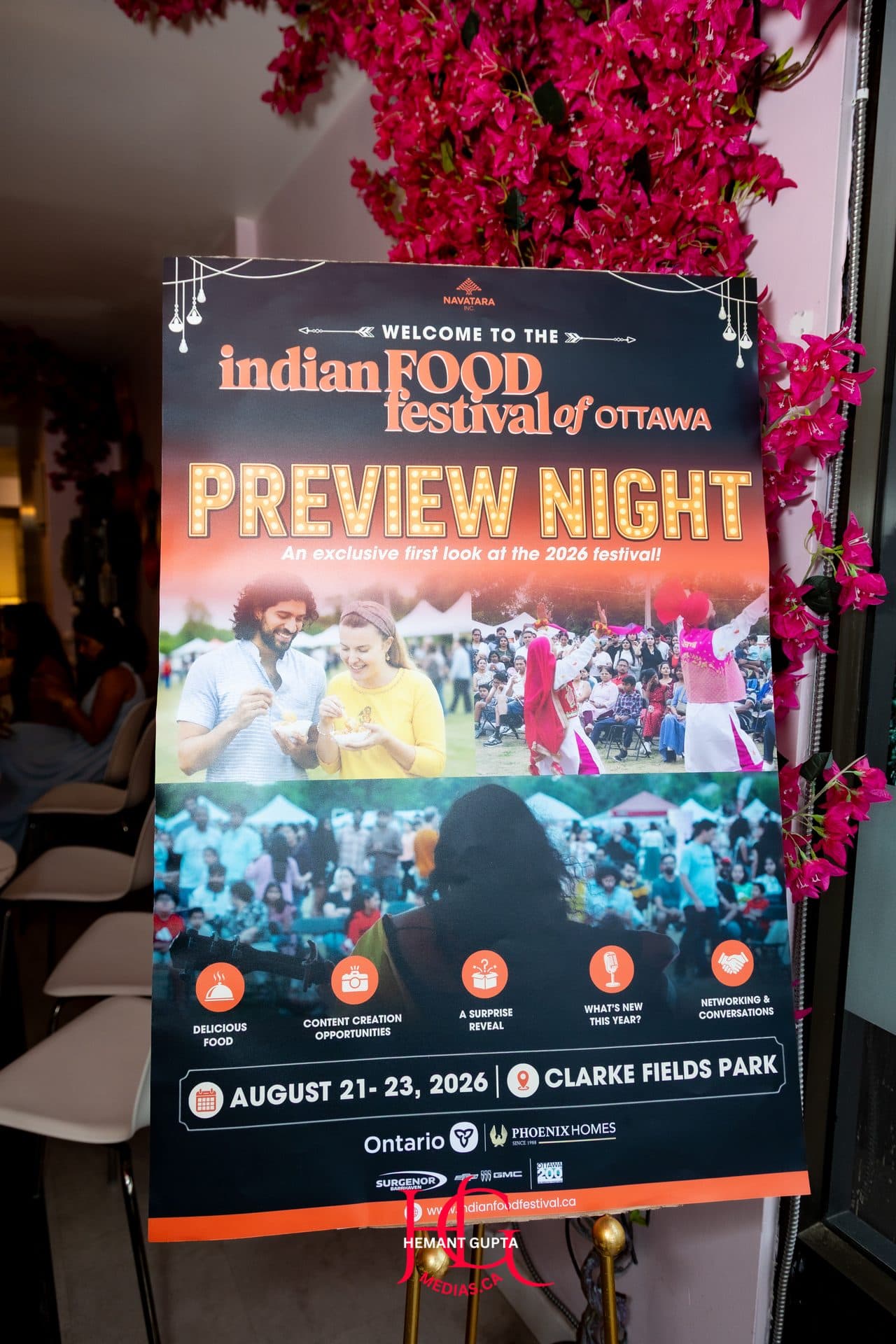 A poster for the Indian Food Festival of Ottawa's 2026 Preview Night, framed by bougainvillea flowers