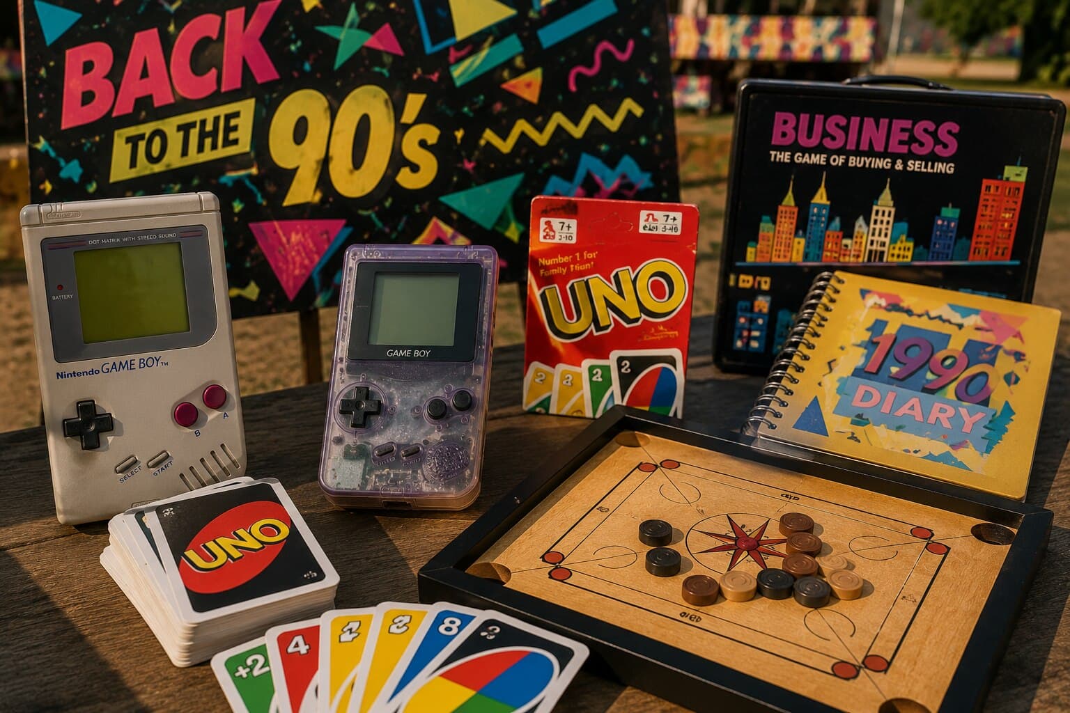 A staged "Back to the 90's" display of Game Boy consoles, UNO cards, a Carrom board and 90s board games