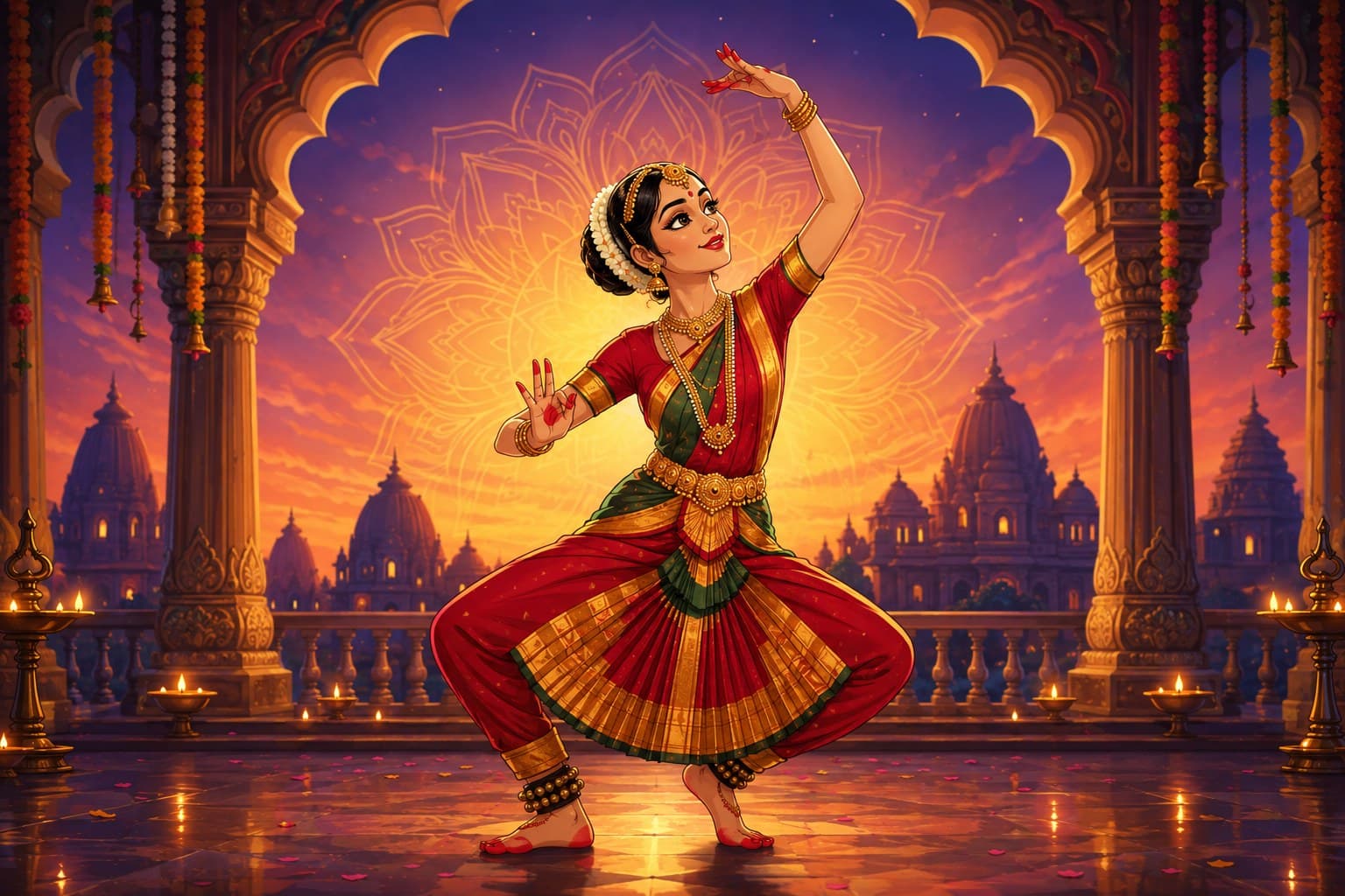 A Bharatanatyam dancer mid-performance on the main stage