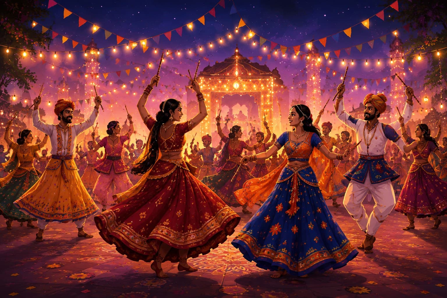 Folk dancers performing garba in colourful dress